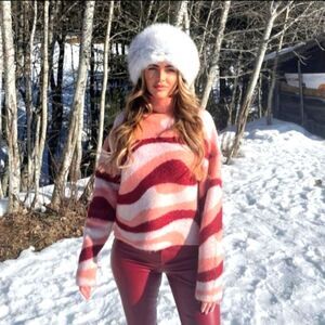 ZARA BLOGGER RED PINK RETRO MOD SWIRL JACQUARD KNIT MOCKNECK SWEATER TURTLENECK
